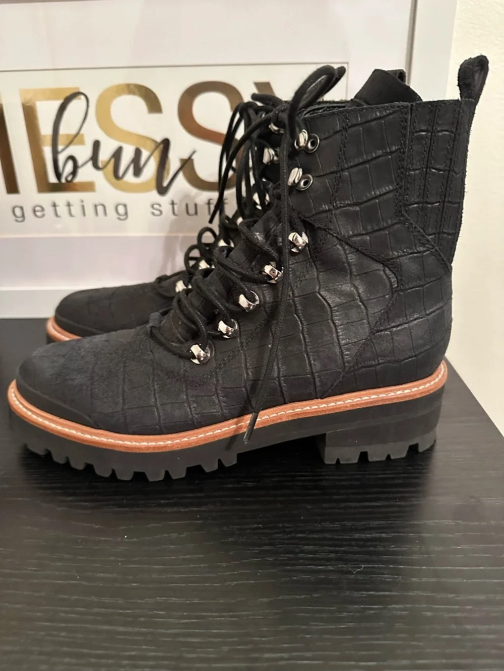 Marc Fisher Black Croc-Embossed Lace-Up Combat Boots like new - Picture 3 of 7